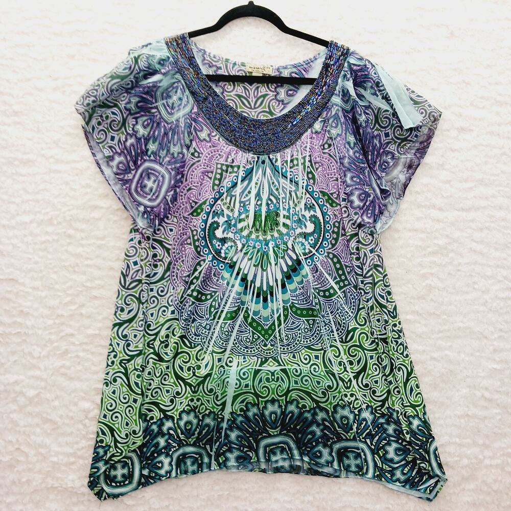 T-Shirt Blue Purple Bead Paisley Boho Wearable Art Whimsy OOAK Mob Wife Size 2X